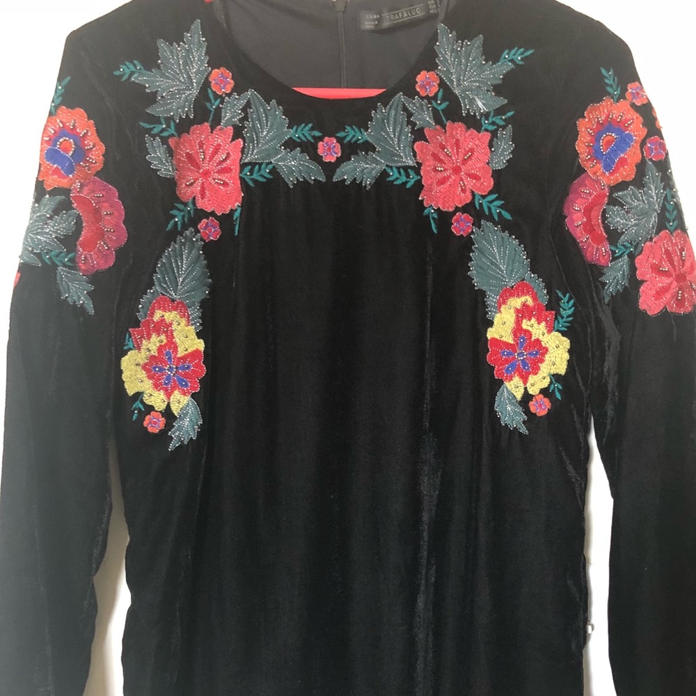 Zara Embroidered beaded black velvet dress NWOT